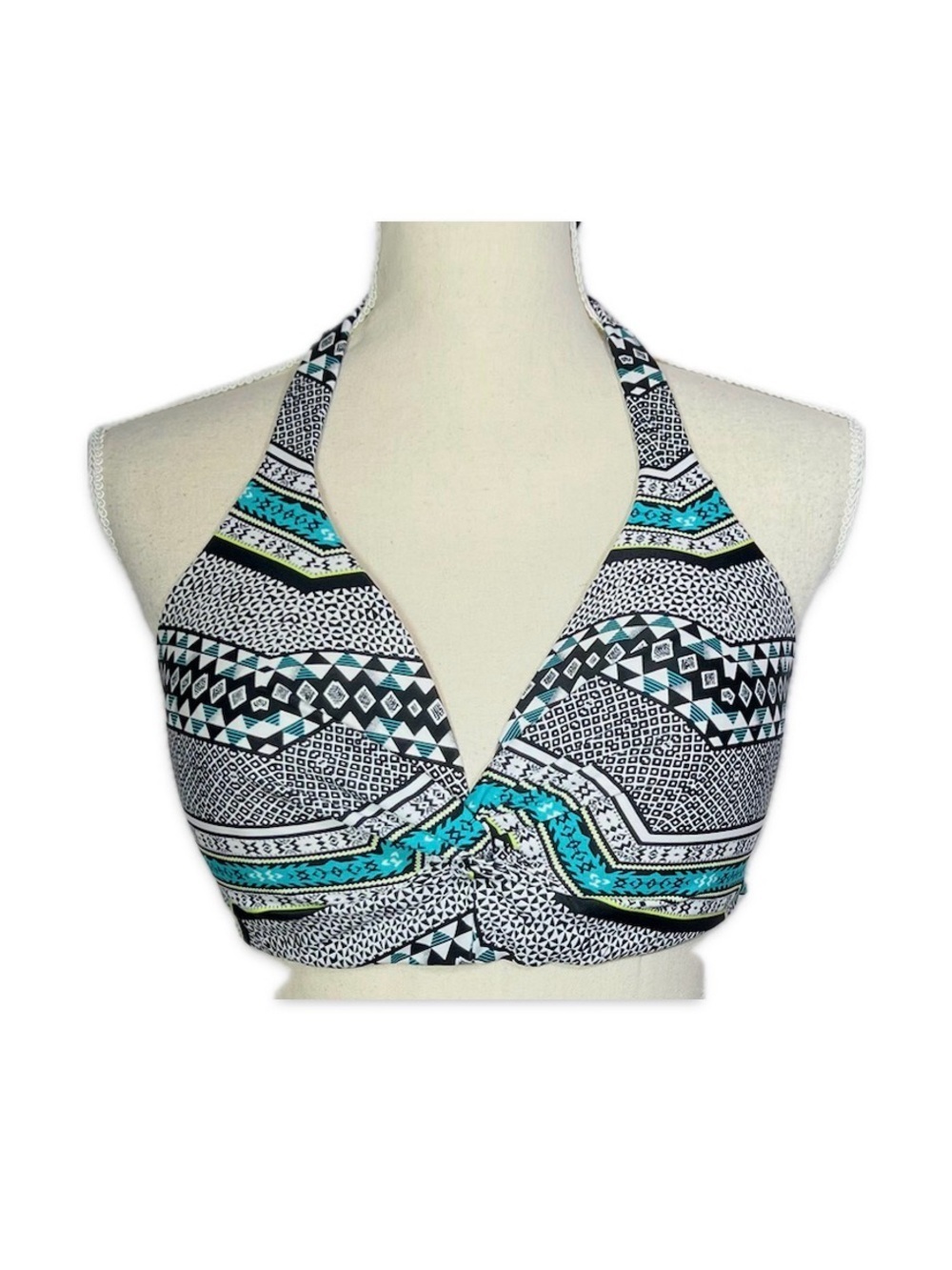 Aqua Couture Black, White & Teal Halter Bikini Top Size Large Tie Neck & Back